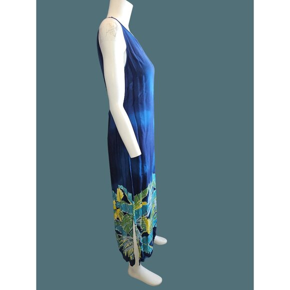 Darian Vintage Tropical Blue Sleeveless Dress Banana Leaf Print Waist Tie Size 6 - Picture 7 of 9